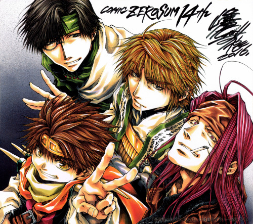 flowermikoscans:
“ Saiyuki: Zero Sum 14th Anniversary  Self explanatory title, Minekura-sensei drew this illustration printed on a shikishi board as part of the annual anniversary goods sale for Zero Sum every year. This year the illustration is the...