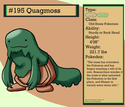 195 - QuagmossOld Stone Pokemon“The moss has overtaken the Pokemon and has begun enacting a will of 