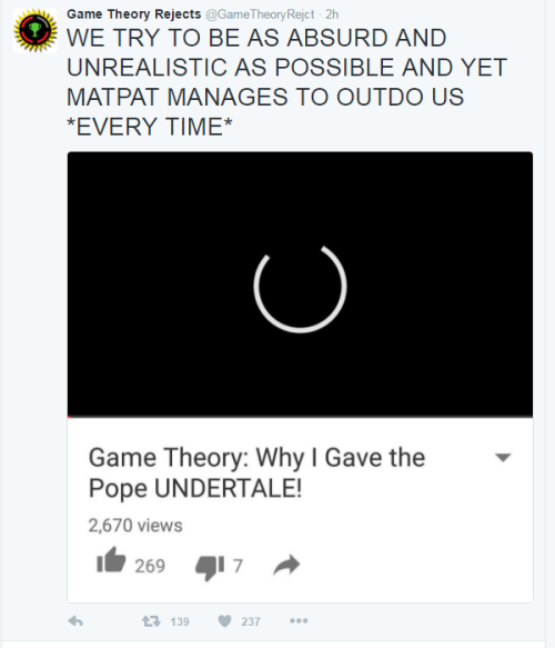 green-gg:the Game Theory Rejects twitter upon the discovery that Matpat gave a copy of Undertale to 