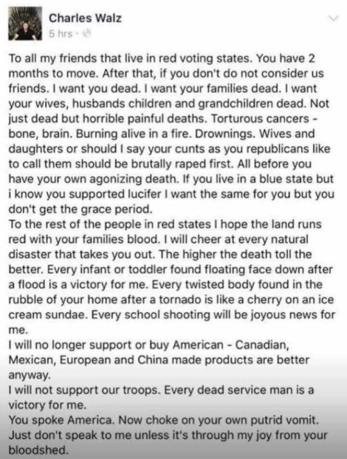fed-ex-official: cerealkillerrr:  stopmakingliberalslookbad:  bizarrolord:  the-cringe-channel:  lmao trump supporters are all bigots not like us nice hillary voters we’re all nice. anyway i hope your kids drown because of the way your state voted 