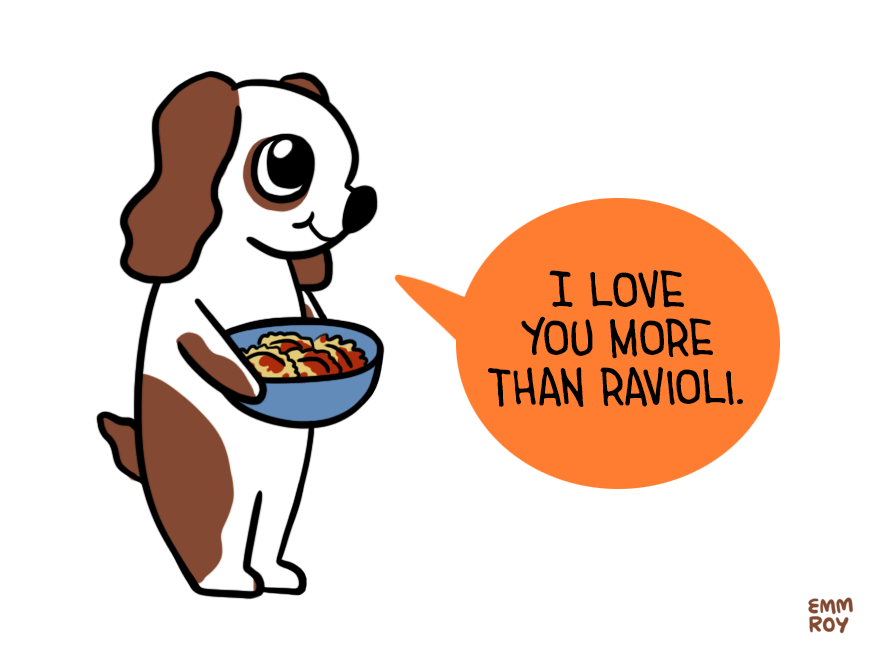 positivedoodles:
“ Facebook / Twitter / Ko-fi
[Drawing of a white and brown dog holding a blue bowl containing ravioli and saying “I love you more than ravioli.” in an orange speech bubble.]
”