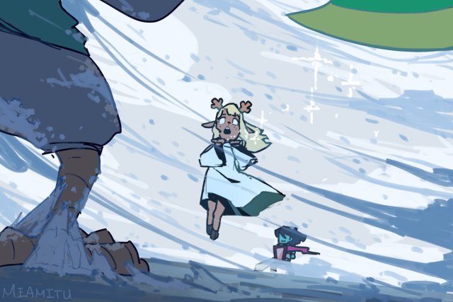 Noelle is floating in the air with glowing eyes while using Snowgrave on Berdly. Kris is behind Noelle holding their shield. They're surrounded by a snowstorm.