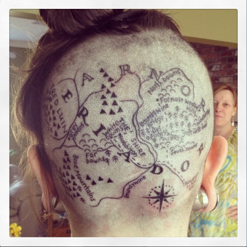 amerewilson:  Some folks might remember that I got my favorite part of Middle Earth tattooed on my head a while ago, but now there’s more! The whole side has been done that stretches all the way to Erebor, and I’m not even done yet.  (Many continuous