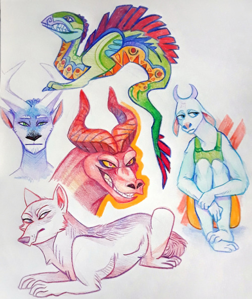 blank-sketchbooks:colored pencil stuffs with some recurring characters, random critters, & abstr