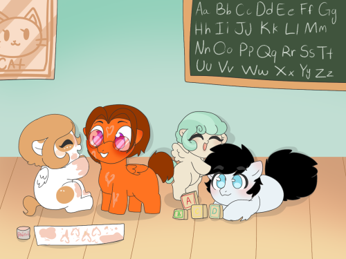 thegamercolt:ask-heathersweetfeathers:look at those smol friends. (though canonically heather has never been to school)aww just saw this :3 super cute  Gamer looks so fluffy and it looks like some one is liking his fluff ;3 D’awww~! <3