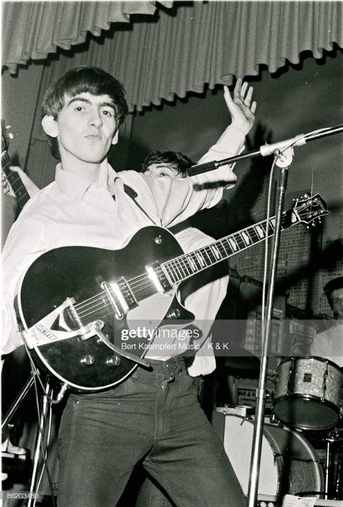 George Harrison, Paul McCartney, John Lennon, Pete Best, and Roy Young on stage at The Star-Club in 
