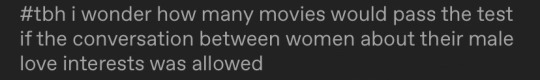 steveyockey:steveyockey:steveyockey:you people will just. say anything#Tbf tho the bechdel test is pretty shitty #Like dgmw this is a stupid take but it’s a lame test anywayokay but do you understand that liz wallace made the bechdel-WALLACE test because