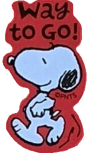 sticker of snoopy from peanuts. he is walking proudly. the sticker has a red trim and reads 'way to go!'