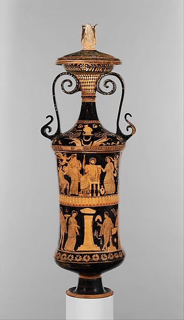 ancientpeoples:  Terracotta Loutraphoros (Ceremonial vase for water) c.340-330 BC Late Classical Greek/South Italian On the body, above, obverse, male deity adjudicating between Persephone and Aphrodite regarding Adonis; reverse, seated youth and woman