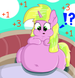 dullpointdraws:  Okay, let’s do some math  The first post got 185 notes 120 likes, 65 reblogs That would mean 287 added pounds Now lets add that to the original weight: 130   287 = 417 total pounds This pony is getting big fast :p  Alright, the rules