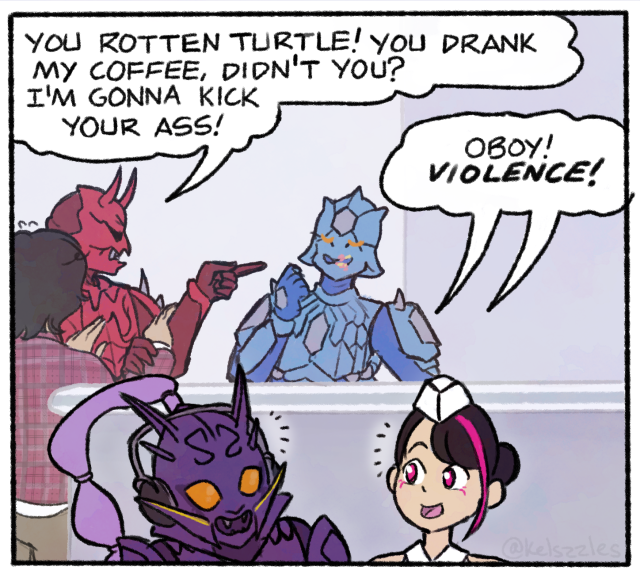 Kamen Rider Den-O fanart that is a spoof on a Donald Duck comic panel. Momotaros points at Urataros while Ryoutaro tries to intervene and says "You rotten turtle! You drank my coffee, didn't you? I'm gonna kick your ass!" Ryuutaros and Naomi are crouched below the counter and are both saying "Oboy! Violence!"