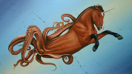 laughingsquid:Seahorse 2.0, A Wild Painting Featuring a Horned Horse With Tentacles