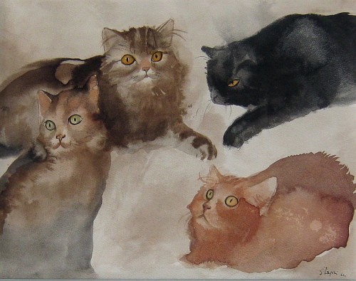 Stanislao Lepri (Italian, 1905-1980, b. Rome, Italy) - Cats, Paintings: Watercolors