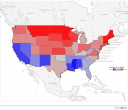 mapsontheweb:  Average IQ for U.S. states.   Makes sense.  The closer you get to Canada etc.  