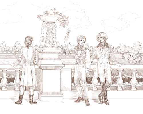 noyades:enjolras, combeferre, and courfeyrac in the gardens