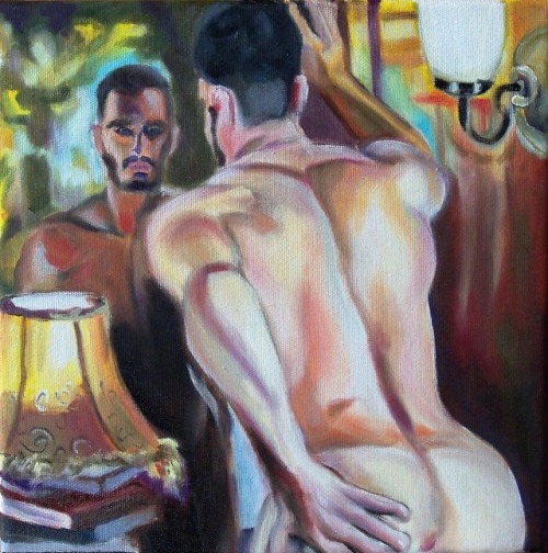 lifeofamaleartist:  Vor einem Spiegel im BoudoirArtist: Jörg Rautenberg, oil colours on canvas, 30 cm x 30 cm