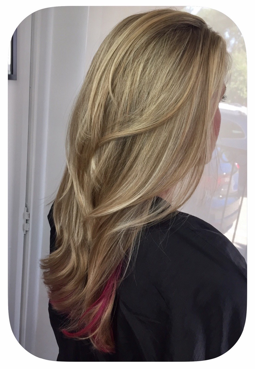 Hair by Rachel Dillon — Ash blonde highlights with pink peekaboo...