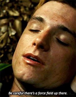 solo-por-un-dia:  peetamellarkthebaker: I leave my weapons in the dirt as I fling myself at him. “Peeta?” I say softly. I brush the damp blond strands of hair back from his forehead, find the pulse drumming against my fingers at his neck.  His lashes