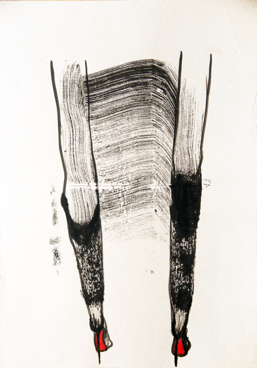 Christian Louboutin high heels. Ink and acrylic over monotype...