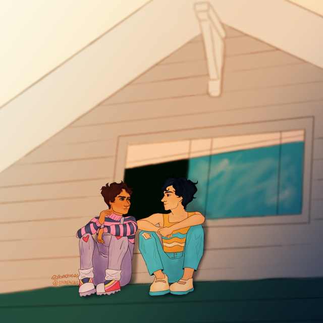 digital drawing of jon kent and damian wayne from DC comics. both boys are sitting in the roof of a house. damian, a brown-skinned, dark-haired boy, is wearing a pink and purple sweater under a pair of jean overalls and a pair of purple and pink sneakers. jon is wearing a cream tank top, blue jeans and cream shoes. both boys are smiling. the background is faded.