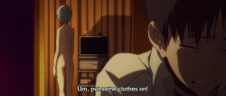 grayangel19:  its-wikh:  why dont you put some decency pants on and stop walking in on people unannounced you little shit  You’d think Rei would close the door though. 
