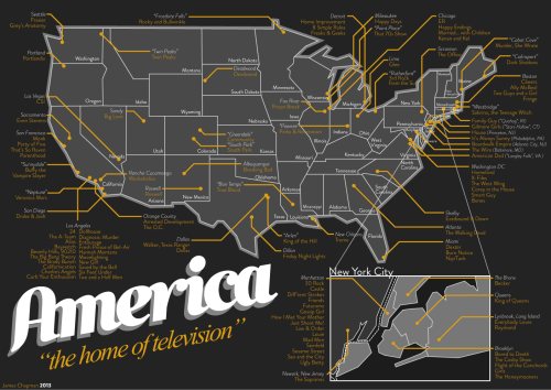 “AMERICA:the home of television”
I made a new poster so that you can see where all your favourite TV shows are set. There about 113 of them.
If you want a closer look, you can ENHANCE
Friends, Frasier, The OC, The Wire, Community, ER, The Office,...