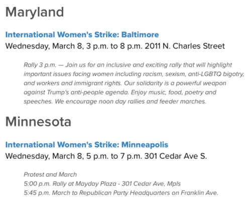chocolatecakesandthickmilkshakes:  micdotcom:  On Wednesday, which is International Women’s Day, women across the country will take part in the national Day Without a Woman strike. Here’s a rundown of several women’s strike rallies in major cities