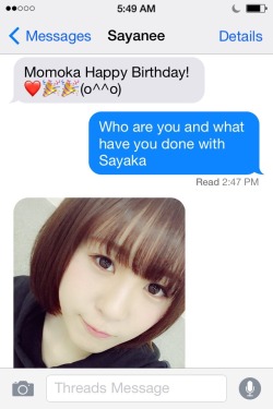 haruko48:  chan-hii48:  Maokyun borrows Sayanee’s phone and messages Momoka. Momoka immediately realizes it’s not Sayaka who messaged her (with the excessive use of emojis giving it away). Momoka refuses to answer Maokyun. Maokyun weeps for not being