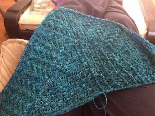 WIP Elizabeth shawl on MadTosh Prairie in Cousteau, for my friend going through chemo. This is knitt