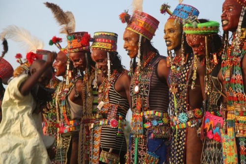 Woodabe people at the Gerewol, a traditional festival during which men compete in a beauty contest t