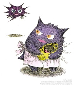 hirespokemon:  1998, Mama, Papa and Granpa Gengar with their little Haunter by  Aya Kusube 楠部文, illustrations from  ちいさなゴースト (The little ghost) in the series  Pokémon Tales (ポケモンえほん Pokémon Picture Book)  