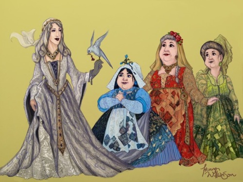 Designs I did for the peasant outfits of Aurora, Flora, Fauna, and Merryweather from Disney&rsquo;s 