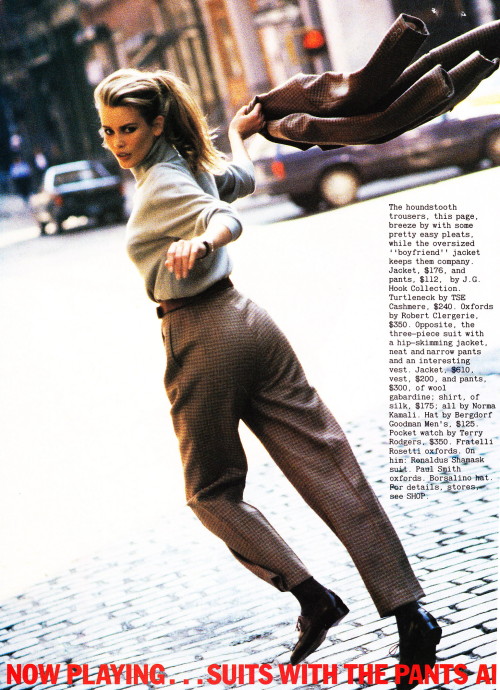 80s-90s-supermodels:“This Suit’s Got Legs!”, MADEMOISELLE US, September 1991Photographer: Neil KirkM