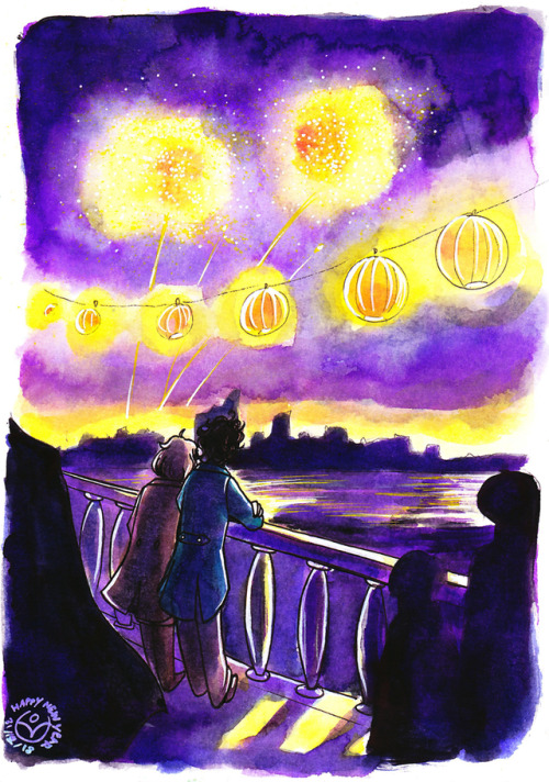 johannesviii: Happy new year, guys![Image: watercolor painting mainly in purple and yellow tones. Th