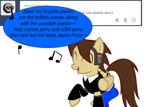 ask-star-singer:  An ask by an Anon featuring ask-swedish-pony, ask-sweden-pony, canada-pony, ask-the-england-ponies (Sorry, it’s deactivated…) and ask-usa-pony.Why name the country ponies I know when I can sing the names?  x3