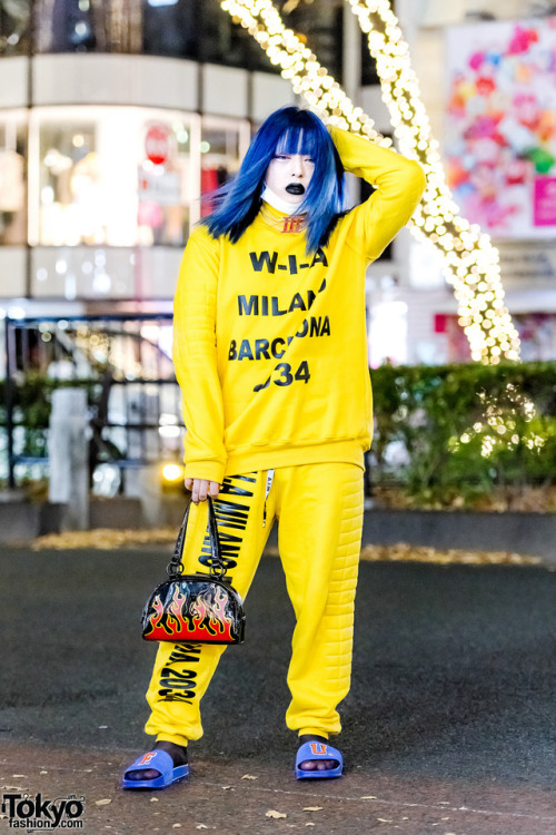 Shoushi on the street in Harajuku wearing a yellow WIA setup with a Diminish choker, Current Mood ha