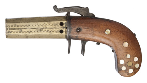 Unusual six barrel percussion pistol, mid 19th century.  Nipples are missing.