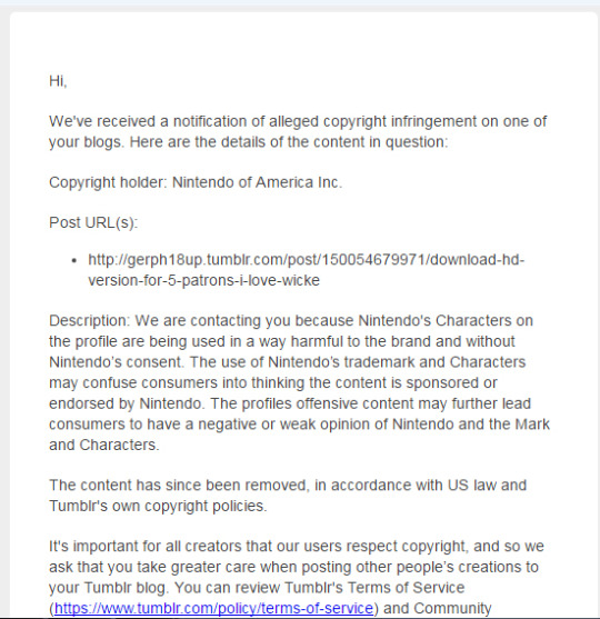 dekushop:gerph18up:haczeynsfw:revoltingrat  replied to your post “Watch your wickie tag, Nintendo is cracking down on it.” It is a threat to your entire blog because if you get three tumblr notices within 18 months your blog gets deleted That can’t