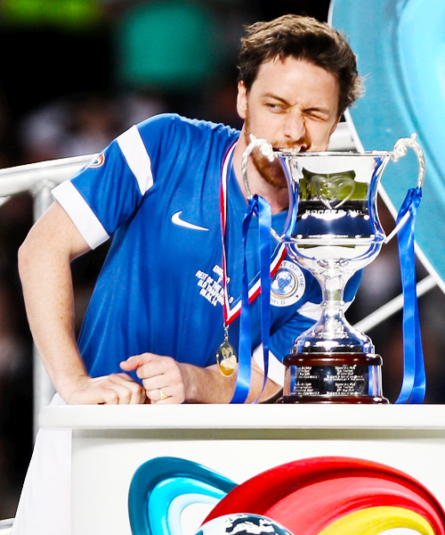 mcavoyclub:  James McAvoy of the Rest of the World celebrates victory in the Soccer Aid 2014 match at Old Trafford on June 8, 2014 in Manchester, England. 