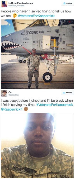 highlightxbling:  grandpaq:  the-movemnt:  “Colin Kaepernick is disrespecting our troops!!!&rd