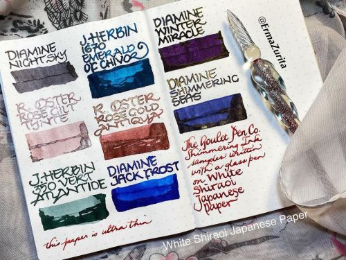 Here are my Fountain Pen Shimmering Ink samplers from @GouletPens on white Shiraoi Japanese paper. P