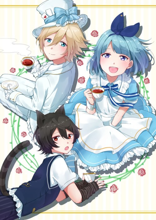 不思議の国のアリス、ensemble stars!、アリス（不思議の国のアリス）、チェシャ猫、マッドハッター、紫之創、sakuma ritsu、tenshouin eichi、koji miruku、高解像度、コスプレ、アリス（不思議の国のアリス）（コスプレ）、マッドハッター（コスプレ）、チェシャ猫（コスプレ）、カップ、ドレス、ベスト、リボン、エプロン、ヘアリボン、ショートヘア、male
