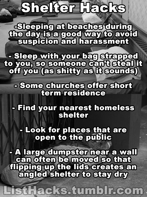 yamihirugashi:  listhacks:  Homeless Hacks because it can happen to anyone. If you like this list follow ListHacks for more  Signal boost this for my followers!