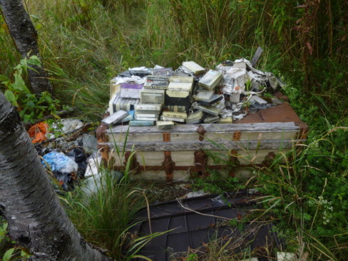 A trunk covered in cassette tapes, and the foundation of an abandoned farmhouse.I took one of the ta