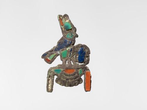 Jewelry element (silver, lapis lazuli, carnelian, and turquoise) depicting a falcon with a double cr