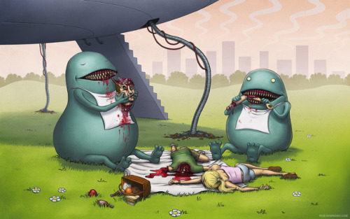 funny illustration, extraterrestrials are eating people