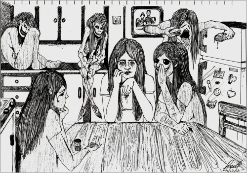 shaniquadontplay:   The Little Voices depression sitting at the left corner. ana sitting beside depression. binging-mia at the fridge. anxiety crying at left (down) corner. self-harm/cutting whispering to me, persuading me.  I love drawings like these.