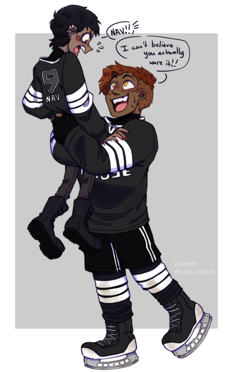 kaereth: Hockey player Gideon and Harrow being a reluctant fan for a kofi request ♥