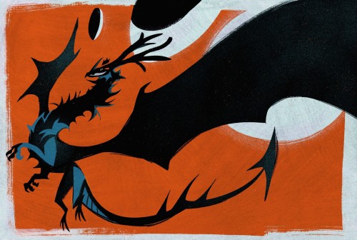 Digital illustration of Darkstalker from Wings Of Fire. He is drawn using a fanmade design, which features a fuzzy mane and antler-like horns. He is mostly a black silhouette, with a few blue highlights. He is drawn in a lineless, sketchy style, grinning while looking at the viewer. The dragon appears to be floating in midair, wings spread out, large compared to the body, one of them exiting the canvas. Three moons are sitting behind him, all above an bright red background, each showcasing a different lunar phase. A scratchy, white border surrounds the entire drawing.
