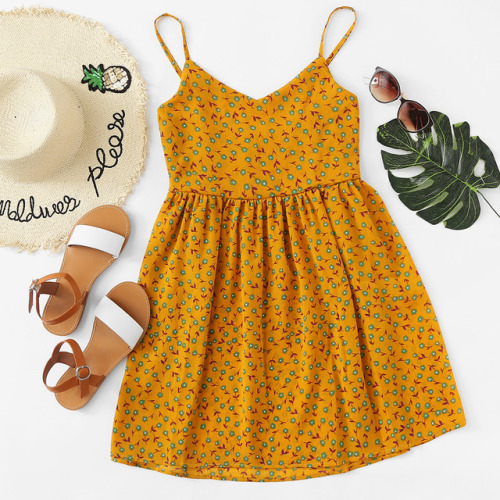 V Neckline Ditsy Print Cami Dress